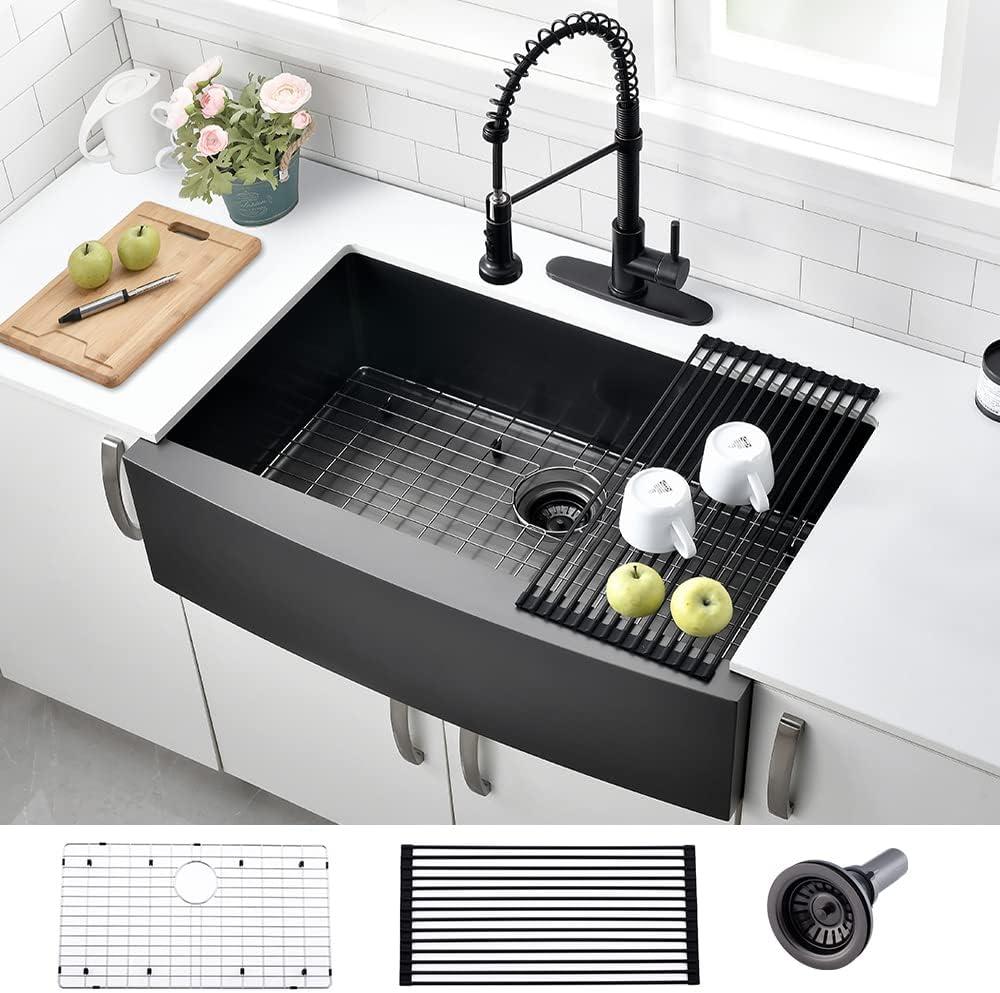 33 Inch Black Farmhouse Sink - VOKIM 33 x 22 Apron Front Farmhouse Sink Stainless Steel 16 Gauge Single Bowl Gunmetal Kitchen Sink