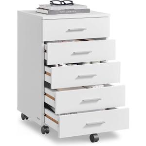 VASAGLE File Cabinet, Mobile Pedestal Filing Cabinet with Wheels, Printer Stand with 5 Drawers, Tool-Free Sliding Rails, for Study, Home Office, Cloud White UOFC081W01