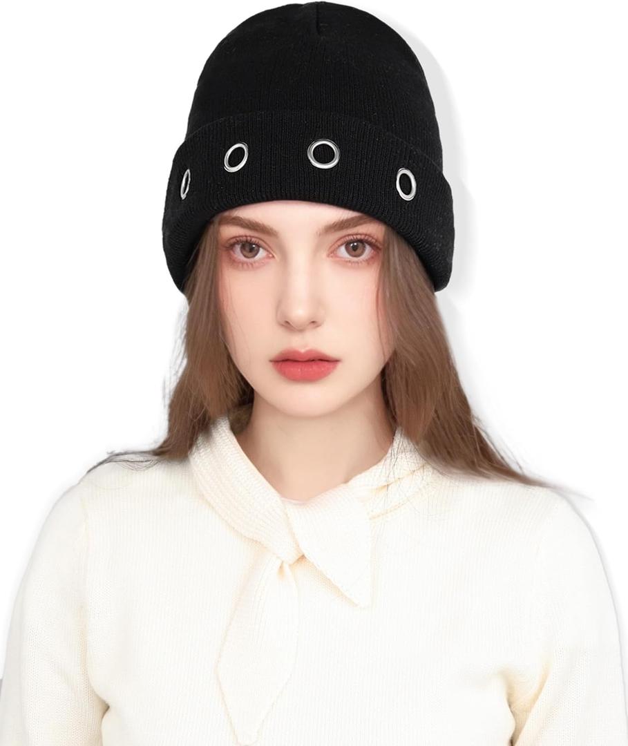 JENSVOIR Knit Beanie Hat for Women  Black Hollow Out Hat, Winter Warm Soft Stretchy Knitted Cap for Outdoor Daily Wear (Black)