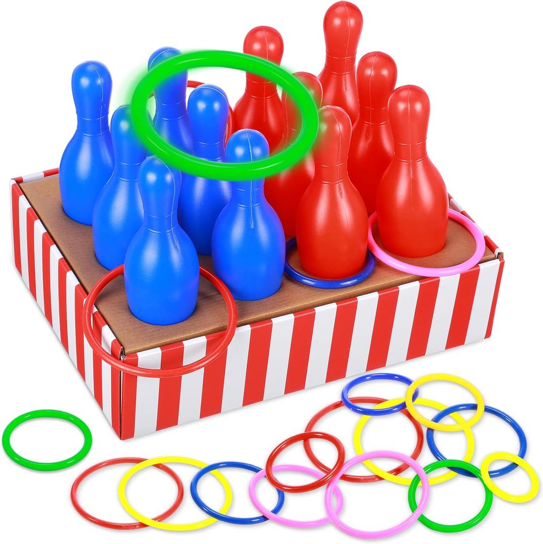 Leitee 45 Pcs Carnival Themed Ring Toss and Bowling Set for Adult Party Entertainment, Includes Ticket Box, 12 Bowling Pins, 32 Toss Rings (Carnival Style)