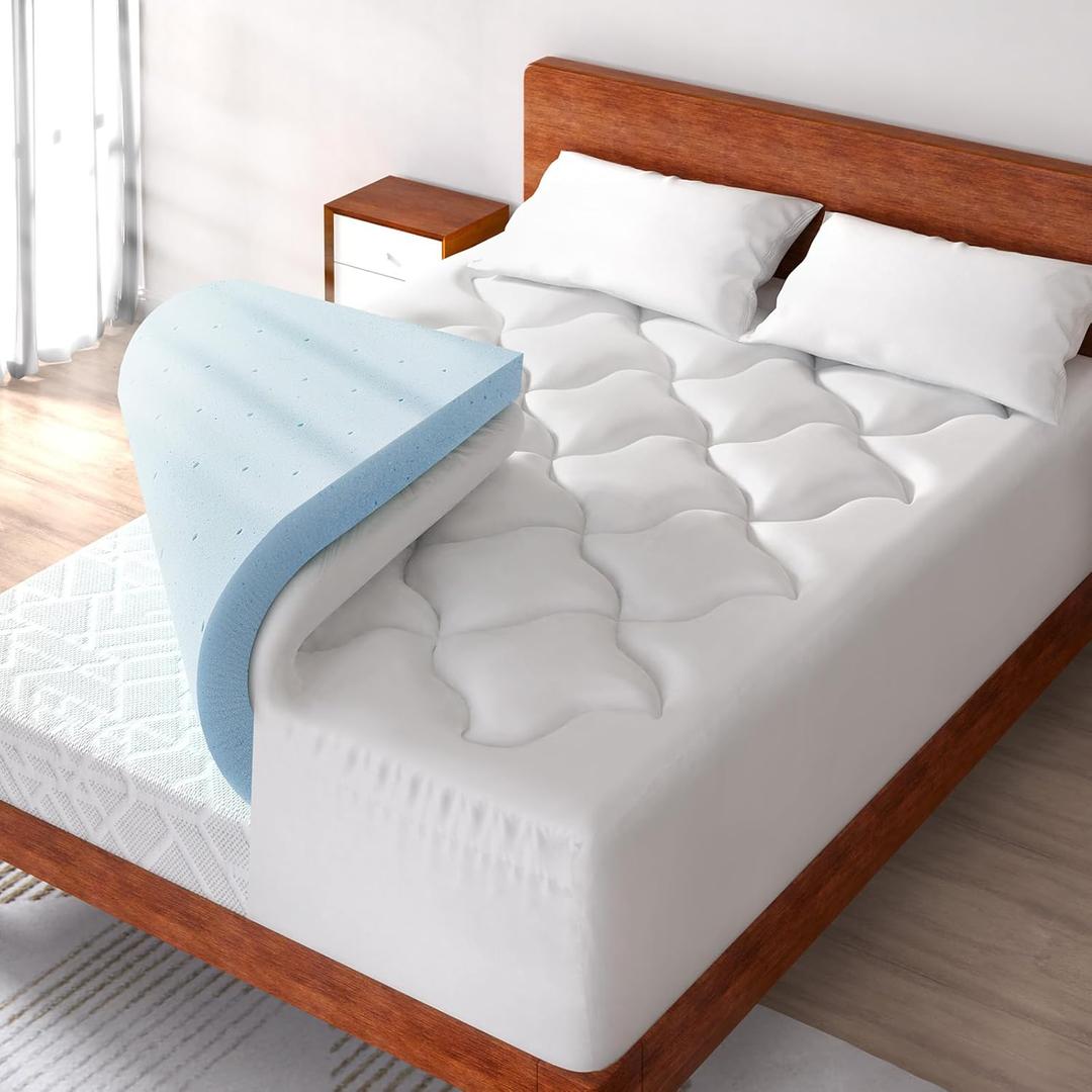 4 Inch Pillow Top Memory Foam Mattress Topper Queen, Dual Layer 2 Inch Gel Memory Foam Plus 2 Inch Pillowtop Cover, White