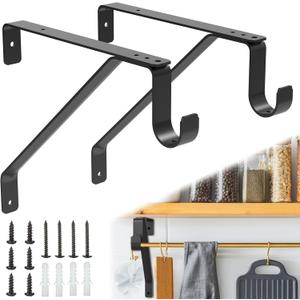 Pisman 10 Inch Heavy Duty Closet Rod Bracket Adjustable 2-Pack, Closet Rod Support with Shelf Bracket and Rod Holders - Black Steel Clothes Hanger for Bedroom, Laundry Room Storage