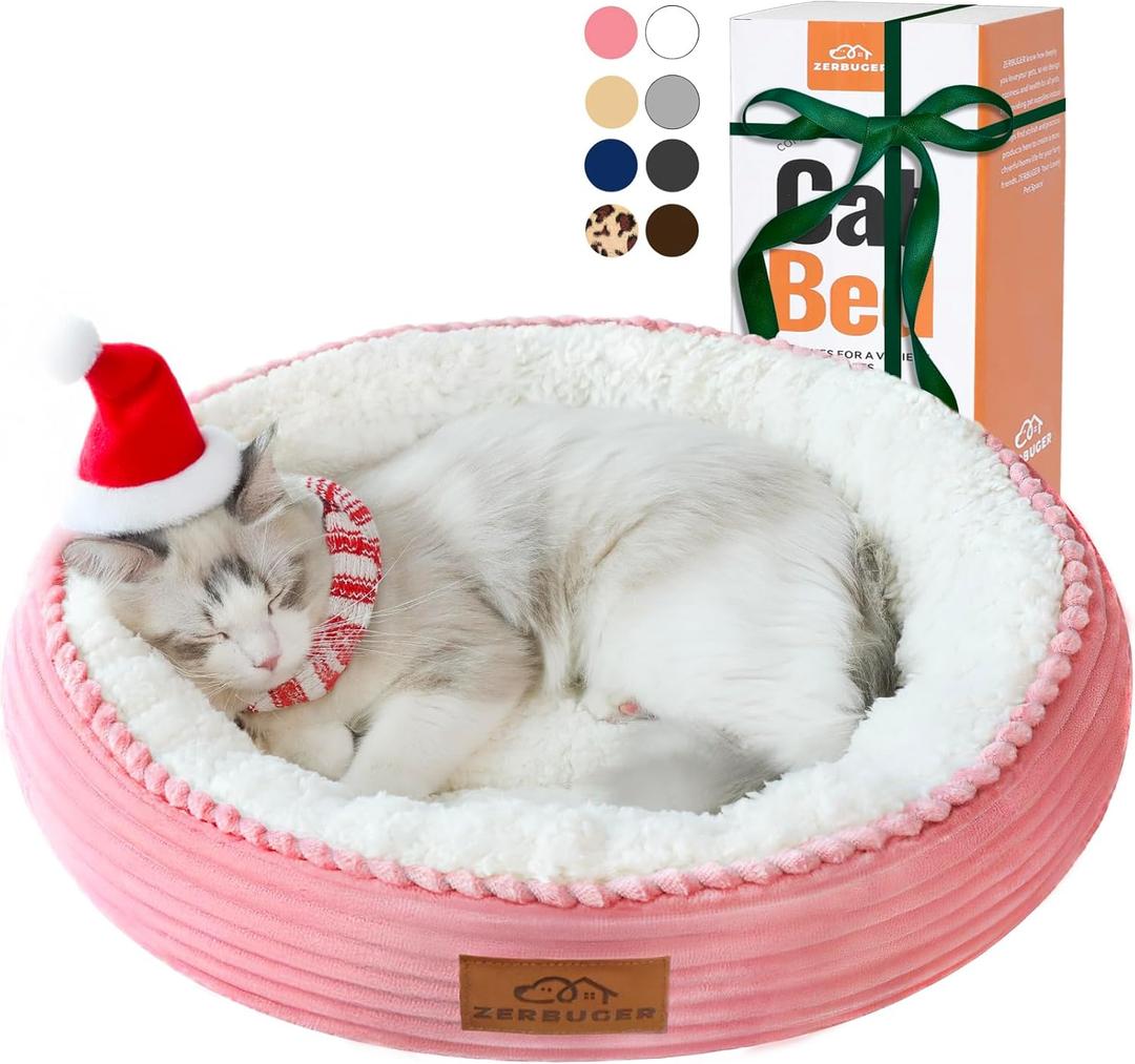 20in Washable Cat Beds for Indoor Cats - Round Donut Pet Bed for Cats, Small Dogs, Puppy, Kitten - Anti-Slip Bottom, Calming Bed Gift - Pink