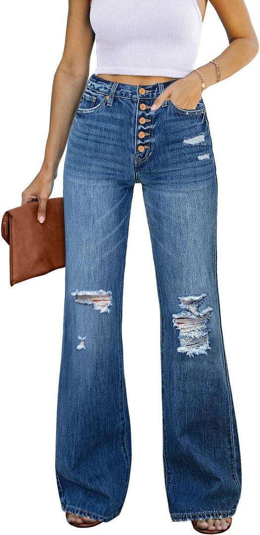 Utyful Women's High Waist Relaxed Fit Ripped Jeans Stretchy Flare Jeans Denim Pants S