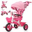 JMMD 7 in 1 Tricycle Stroller with Push Handle, Baby Trike with 360° Swivel Seat, Reclining Backrest, All-Terrain Wheels, Dual Brakes, Canopy & Storage, Gift for Kids 18 Months to 5 Years, Pink