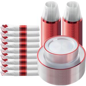 Goodluck 175 Piece Red Plastic Dinnerware Set for Party, Clear Disposable Plates for 25 Guests, Include: 25 Dinner Plastic Plates, 25 Dessert Plates, 25 Pre Rolled Napkins with Cutlery Set, 25 Cups