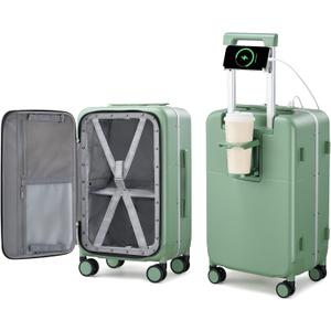Hanke 20 Inch Carry On Luggage with Cup Holder and Charge,Top Opening Hard Shell Suitcases with Wheels and Dividers,Aluminum Frame Trunk Luggage Small Suitcase with Lock for Travel,Forest Green