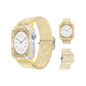 Stretchy Band and Bling Bumper Case Compatible with Apple Watch 40mm 38mm 41mm 42mm 44mm 45mm 46mm Women, Elastic Nylon Straps and Glitter Protective Frame for iWatch Series 11 10 9 8 7 6 5 4 3 2 1 SE