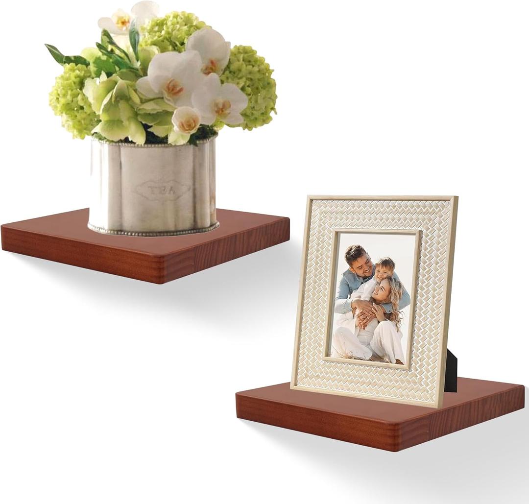 Floating Shelves for Wall Set of 2, 8-Inch Solid Wood Square Shelves, Small Decorative Wall Display Shelf for Bathroom, Bedroom, Living Room & Kitchen  Dark Walnut