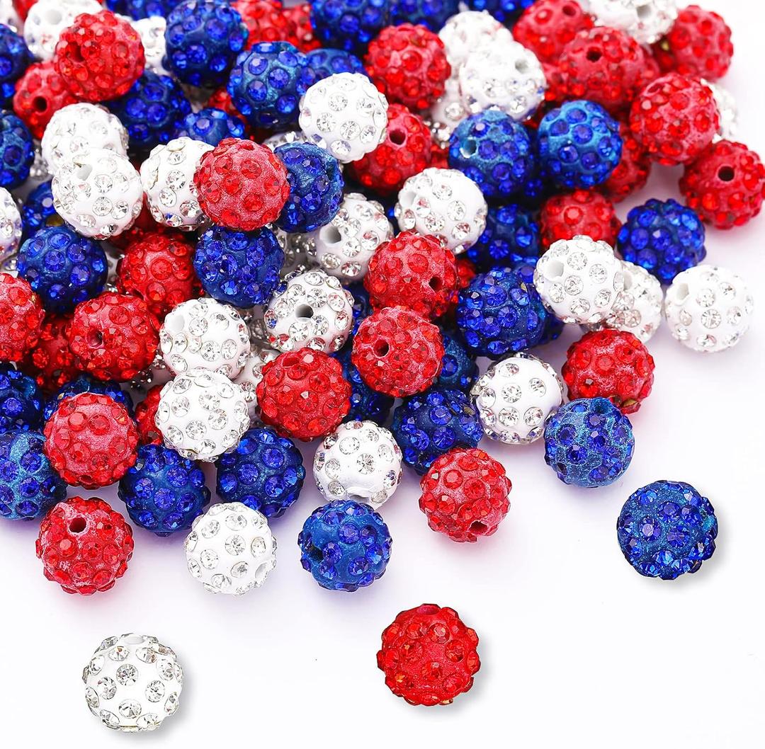 Crowye 270 Pcs 4th of July Rhinestones Clay Beads 10 mm Red White and Blue Patriotic Disco Ball Beads Polymer Round Crystal for Independence Day DIY Necklace Bracelet Jewelry Making(Red, White, Blue)