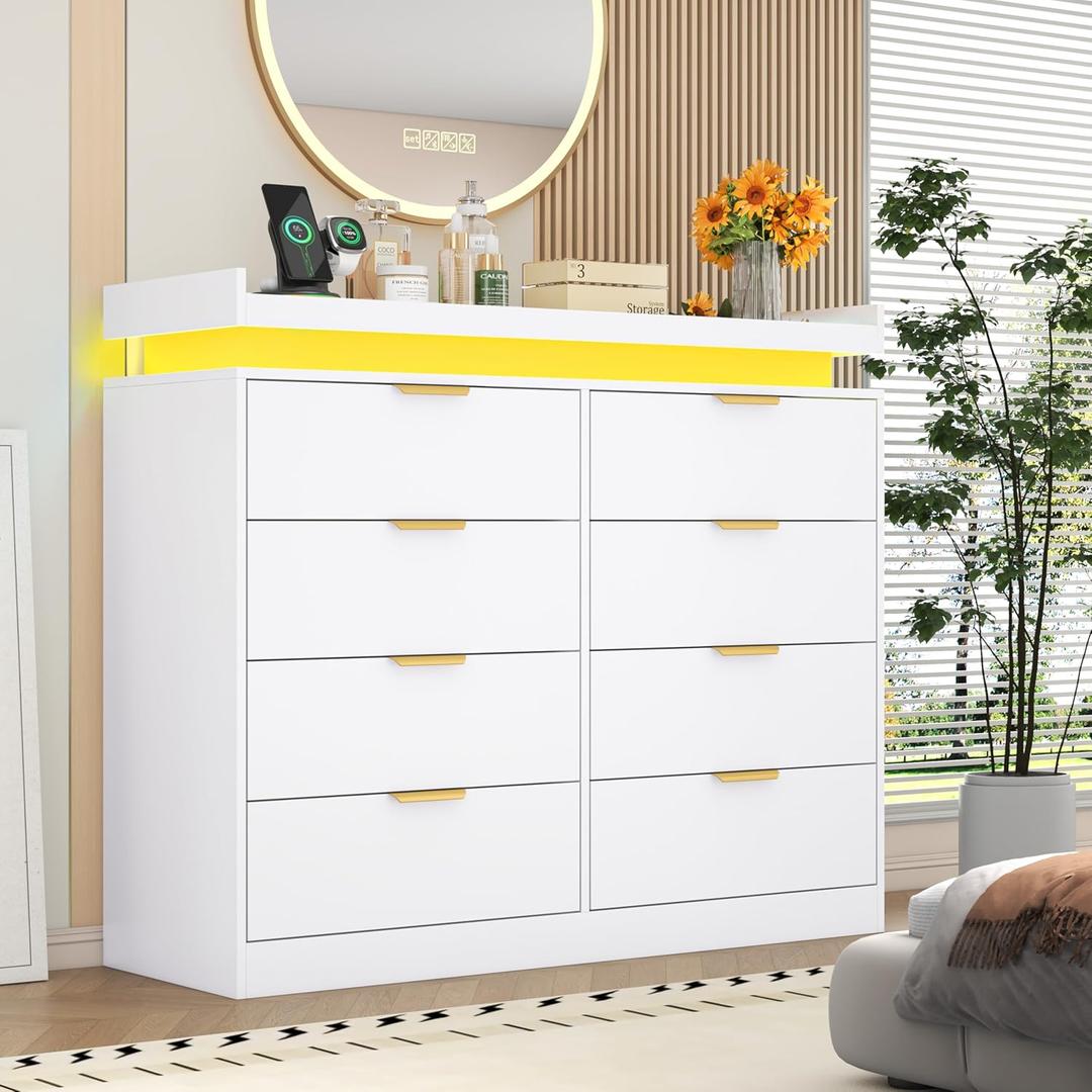 knoworld 8 Drawer Dressers for Bedroom, White Dresser with LED Lights and Power Outlet, Wood LED Dresser, Double Wide Modern Chest of Drawers for Bedroom, Entryway, Hallway