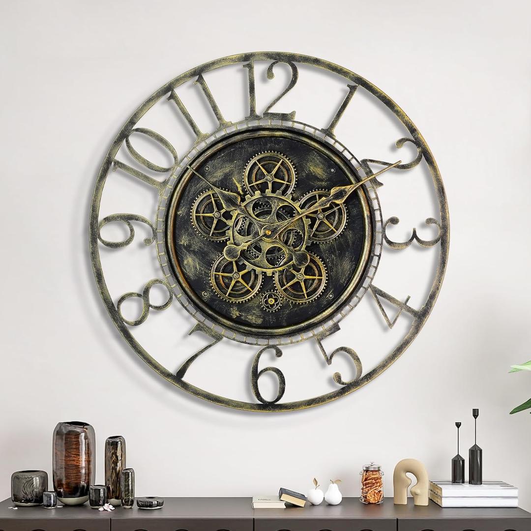 Maxstar Large Moving Gear Wall Clock for Living Room Decor,Vintage Industrial Steampunk,Metal Wall Clock Decorative for Home Office, Dinning Room,Farmhouse(Antique Brass,Arabic Number,20 INCH) (Bronze)