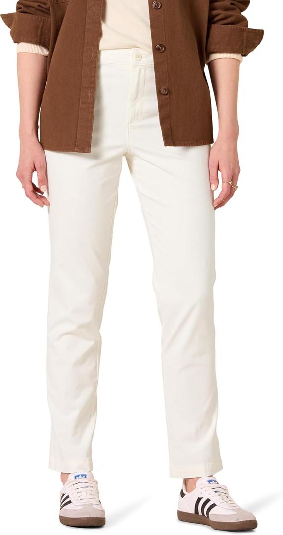 Essentials Womens High-Rise Slim-Fit Full-Length Straight-Leg Khaki Pant, Eggshell White, Size 16