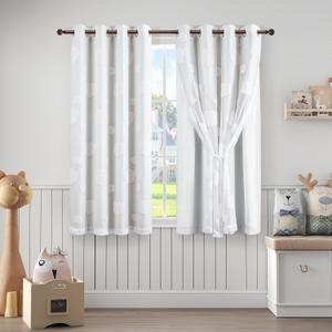 White Room Darkening Curtains for Bedroom 63 Inches Long Double Layer Kids Curtains with White Cloud Pattern Sheer Grommet Nursery Drapes 2 Panels Set, W52 x L63