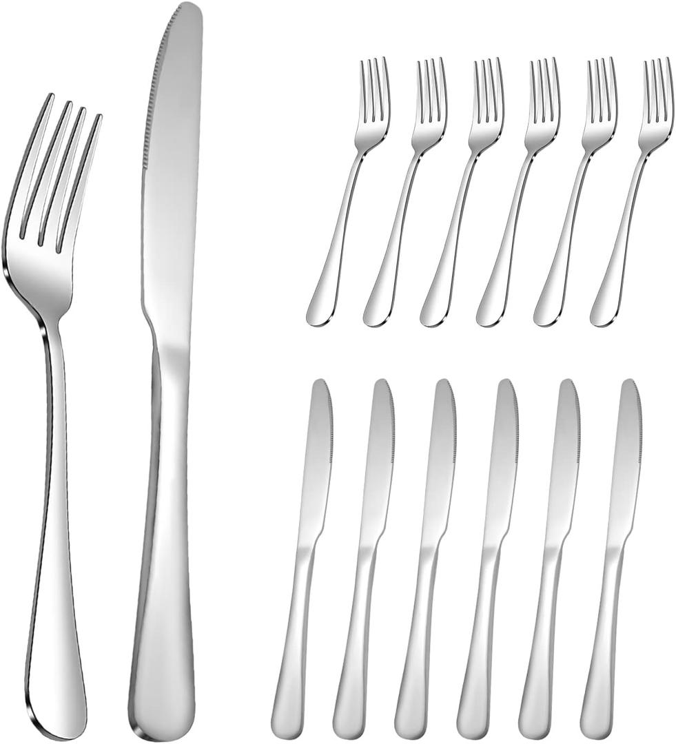 Drun Knives and Forks Set of 12, 6PCS Stainless Steel Salad Forks and 6PCS Dinner Knives Silverware Set, Mirror Polished and Dishwasher Safe (Silver 9Inches Knives + 7.3Inches Forks)