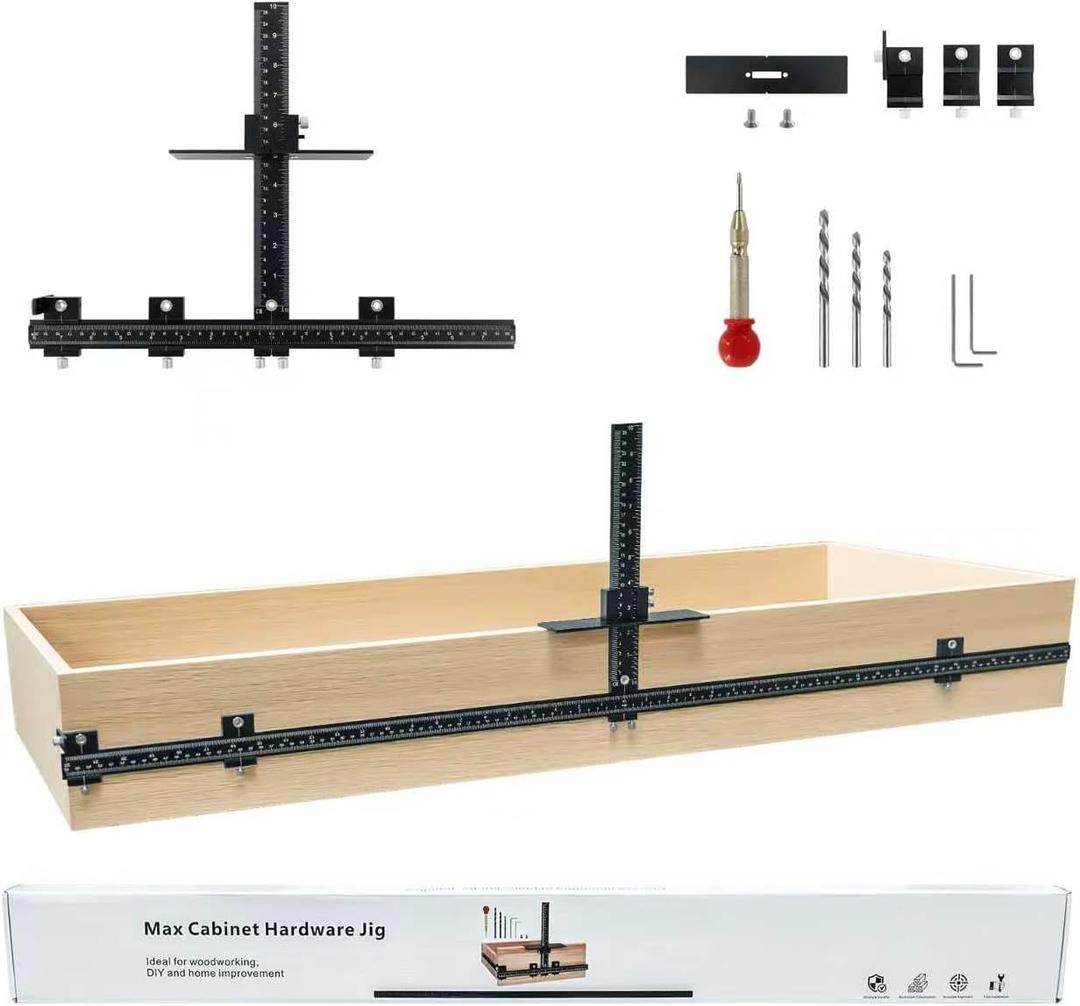 44" Max Cabinet Hardware Jig, with 16" Cabinet Handle Jig and Auto Center Punch, Aluminum Alloy Cabinet Handle Template Drill Guide, Cabinet Pull Jig for Handles/Knobs/Pulls, Drawer/Door (Black)