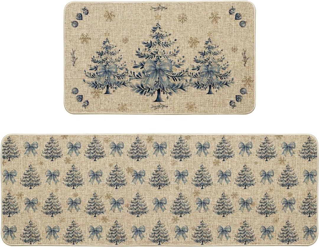Artoid Mode Bow Tie Xmas Tree Snowflakes Christmas Kitchen Mats Set of 2, Winter Low-Profile Home Decor Kitchen Rugs for Floor - 17x29 and 17x47 Inch