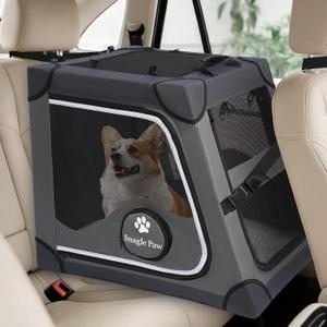 Snagle Paw Portable Dog Crate for Car Travel, Metal Frame Pet Crate, Pet Carrier for Car Back Seat Secures with Headrest Strap and Seatbelt, M Gray (24.8"L x 18.9"W x 20.9"H)