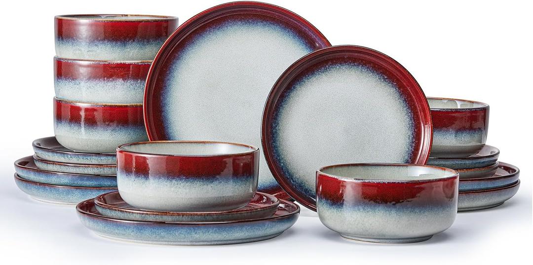 KINGSTONE Dinnerware Set for 6, Red Reactive Glaze Plates and Bowls Sets