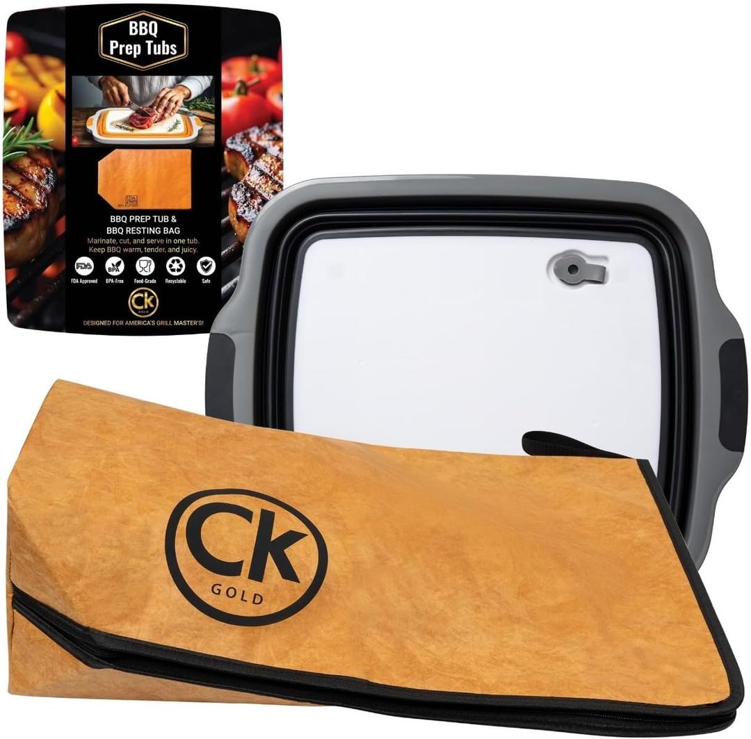 New Extra LARGE Collapsible BBQ Prep Tub with LOCKING LID & Meat Resting Bag - BPA Free Cutting Board with Lid, Leak Free, Strong Drain Hole for Meal Prep, Marinating, Grilling & Food Storage (Black)