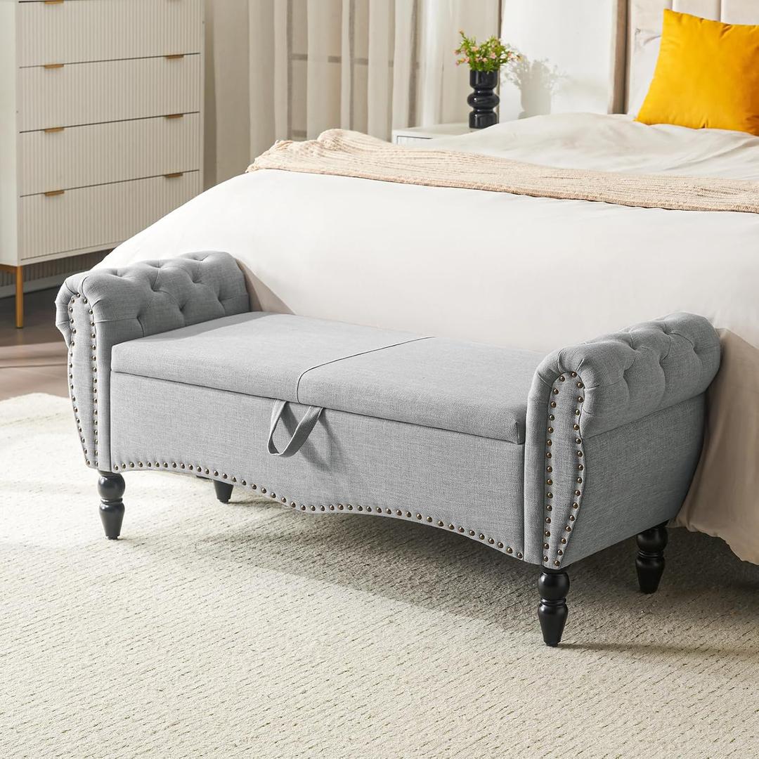 Furniliving 51.75" Storage Ottoman Bench for Living Room, Modern Bedroom Bench with Rolled Arm Upholstered End of Bed Bench Shoe Storage Bench Indoor Bench with Wood Legs Entryway Bench, Grey, Linen