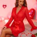 Avidlove Mesh Lingerie Robe Sets for Women Sexy Nightgown Long Sleeve Kimono Ruffle Nighty With Thong, Size XL