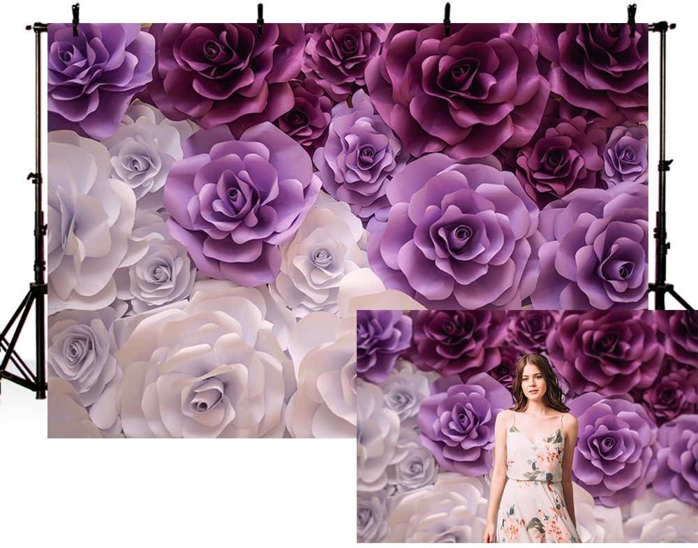 MEHOFOND 7x5ft Rose Flower Photography Backgrund Purple White Floral Girl Birthday Woman Portrait Backdrop for Wedding Bridal Shower Party Banner Cake Table Wallpaper Decoration Photo Studio