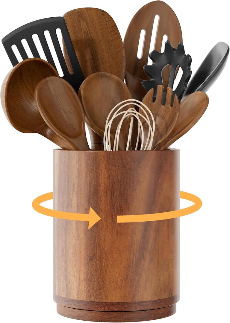 ZUJJAFY Utensil Holder, 360 Rotating Acacia Wood Kitchen Utensil Holder for Counter, 7.2" Large Cooking Utensil Crock for Countertop, Wooden Utensils Organizer for Cooking Spatula Storage