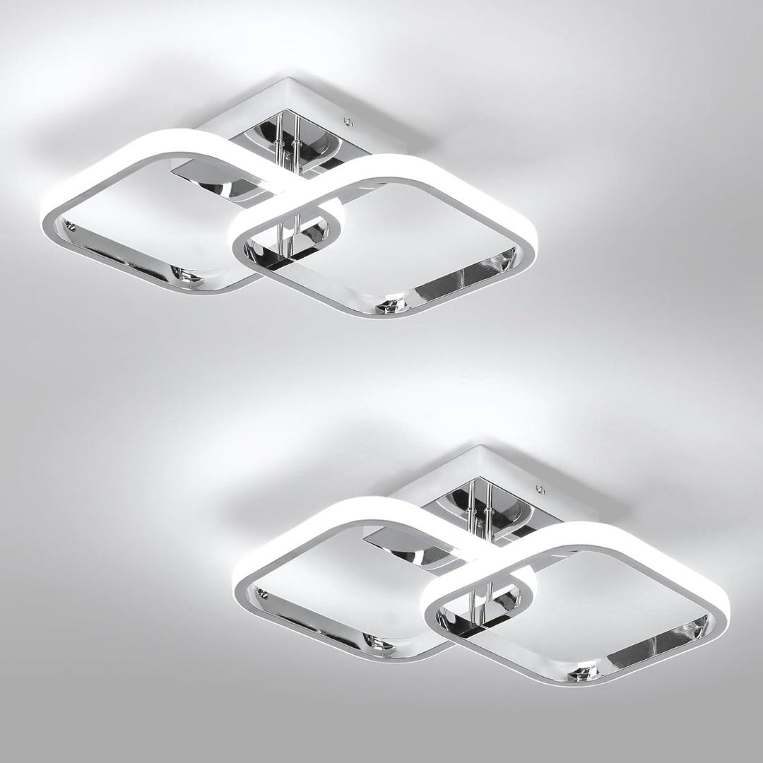 CANEOE 2 Packs Led Ceiling Light Fixture,Modern Hallway Light Fixtures Ceiling Lighting,Square Close to Ceiling Lights for Bathroom Bedroom Kitchen Balcony Stair Small Hallway Lamp (Chrome)