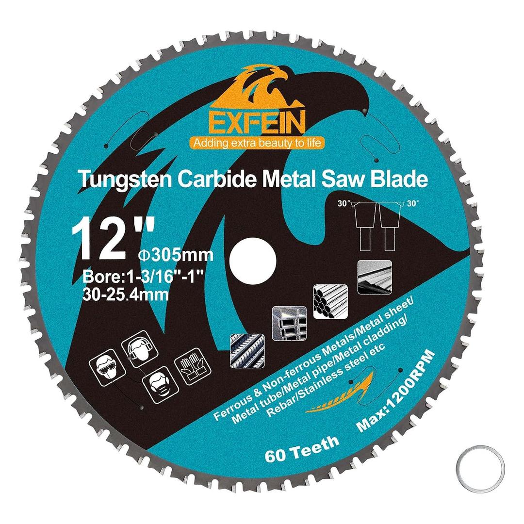 12 Inch 60T Metal Circular Saw Blade - EXFEIN Tungsten Carbide Tipped Saw Blade Arbor 1-3/16" for Metal Sheet or Pipe, Angle Iron, Rebar, Ferrous Metals, Non-Ferrous Metals