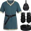 5Pcs Mens Medieval Costume Halloween Renaissance Tunic Viking Knight Shirts Warrior Cosplay Costume with Belt Arm Guards, XL