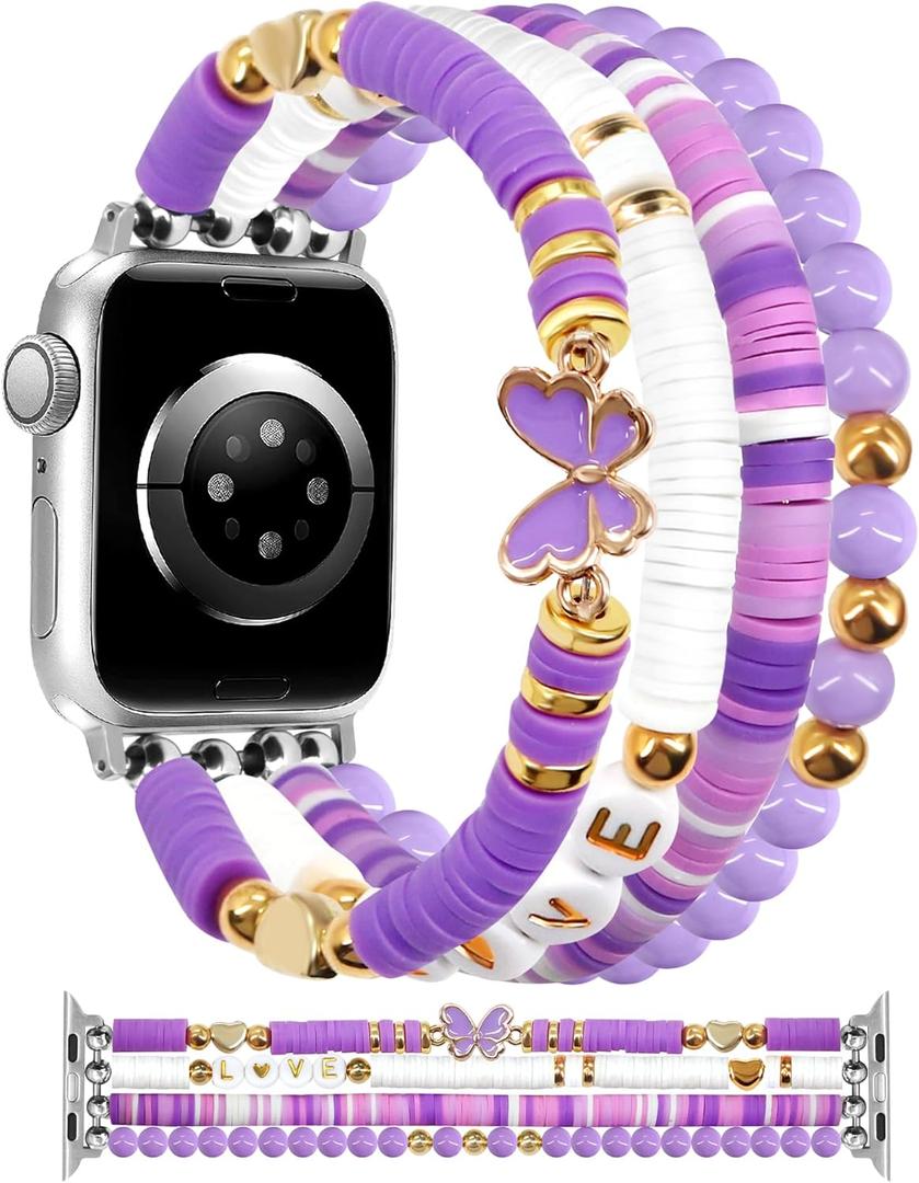 JR.DM Beaded Bracelet Compatible with Apple Watch 40mm 38mm 41mm 42mm Women Kids Girls Preppy Stack Cute Dressy Butterfly Handmade Stretchy Watch Strap for iWatch Series 11/10/9/8/7/SE/6/5/4/3/2/1