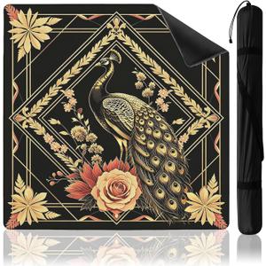 Black and Gold Floral Peacock Mahjong Mat 31.5 x 31.5 Inch, Non-Slip Mahjong Table Cloth for American Mah Jong, Poker, Card Games and Dominoes