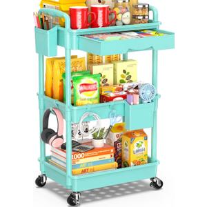SUNALLY 3-Tier Rolling Cart with Drawer & Lockable Wheels, Bathroom Storage Organizer Multifunctional Rolling Storage Cart for Bathroom, Kitchen, Office, Craft, Makeup, Baby Essentials, Blue