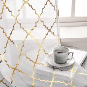 Kotile Gold and White Sheer Curtains 45 Inch Length 2 Panels Set Metallic Moroccan Ogee Print Sheer Kitchen Curtains, Rod Pocket Light Filtering Privacy Short Sheer Window Curtains, W52 x L45 Inch