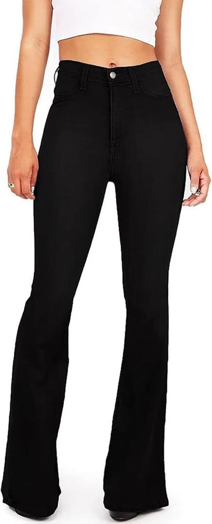 KDF High Waisted Flare Jeans for Women Bell Bottom Jeans with Belt for Women Stretch Wide Leg Jeans (12, Black)