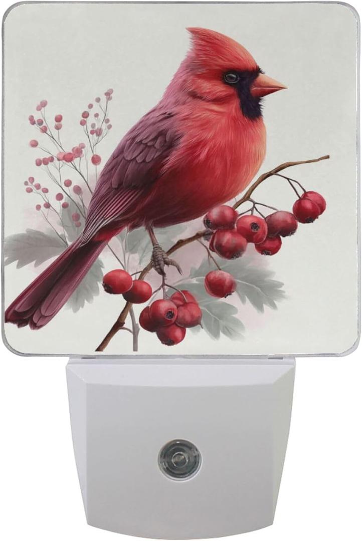 Pfrewn Bird Cardinal Berries Night Light Plug in Set of 2 for Kids Adults Boys Girls Babies, Night Lights Led Auto Motion Senor for Reading Bathroom Bedroom Nursery Decorative