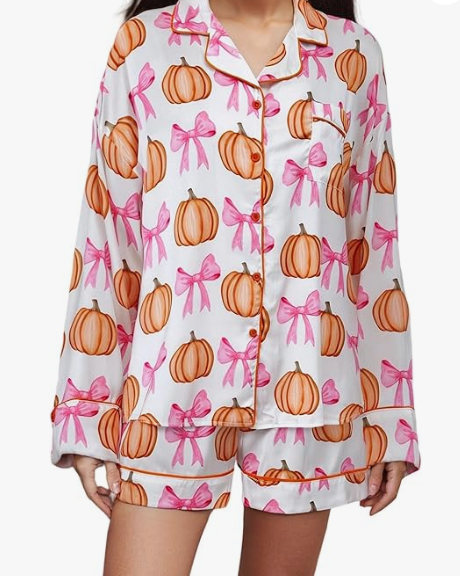 MBZJSDKHLK Women's Halloween Pajamas Set Silk Satin Pumpkin Print Long Sleeve Button Down Shirt 2 Piece Pjs Shorts Sets, L