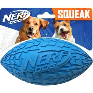 Nerf Dog Tire Squeak Football Outdoor Dog Toy, 6 Inch Dog Football Squeaking Toy for Medium and Large Breeds, Blue