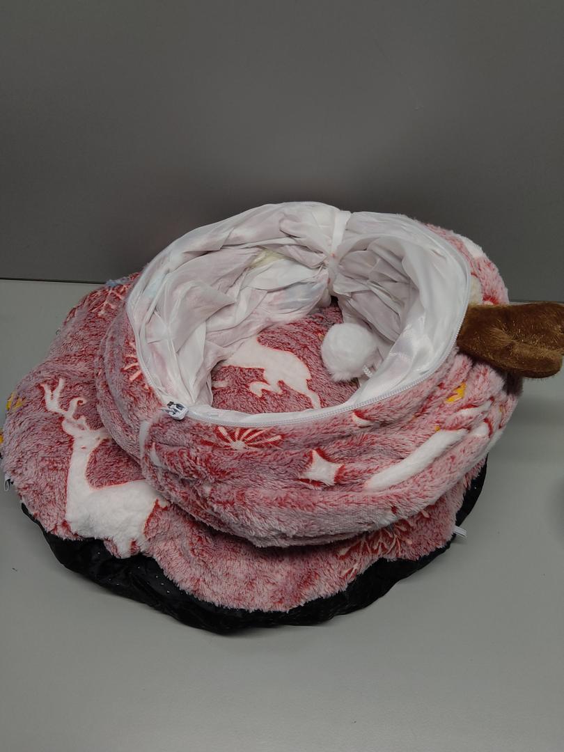 Cat Tunnel Bed Glow-in-The-Dark, Winter Pattern Donut Cat Tunnel for Indoor Cats, Foldable Peekaboo Cat Cave Toy with Hanging Balls, Soft Plush Non-Slip