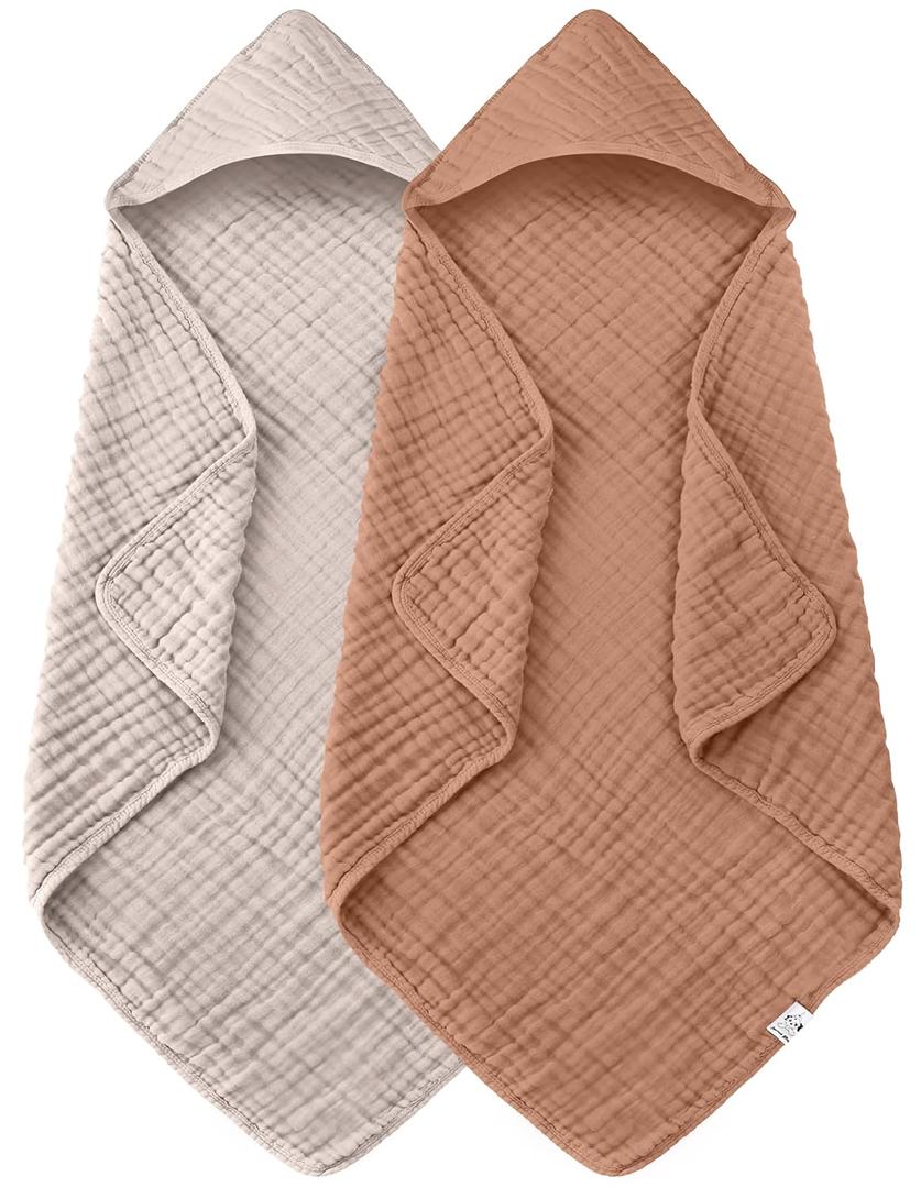 2 Pack Hooded Baby Towels - 100% Muslin Cotton for Newborns, Infants, Toddlers - Large 32x32 Inch Size - Highly Absorbent and Essential for Newborn Care, Light Bean Paste