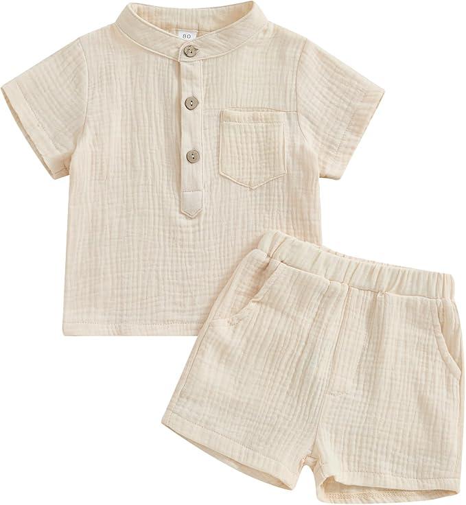 Arshiner Toddler Baby Boys Clothes Set ButtonDown Shirt Tops + Textured Shorts 2 Pcs Summer Outfit with Pocket White 90 