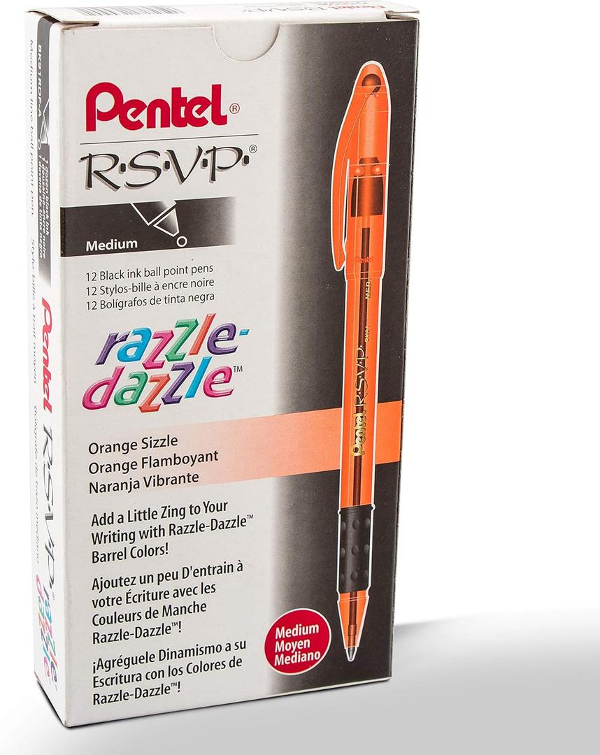 Pentel RSVP Razzle-Dazzle Ballpoint Pen, (1.0mm) Medium Line, Orange Barrel, Black Ink, Box of 12 (BK91RDF-A)