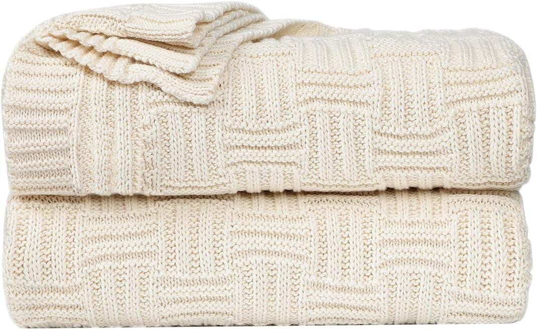 uxcell 100% Cotton Cable Knit Throw Blanket,Soft Lightweight Lap Blanket,Textured Solid Sofa Throw Couch Cover Decors Knitted Blankets, Beige 47"x 70"
