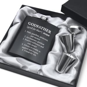 7oz Engraved Hip Flask Set for Godfather - "Will You Be My Godfather?" Thoughtful Godfather Proposal Gifts, Baptism to Father's Day Present from Godchild