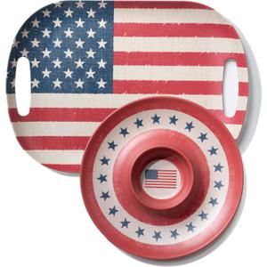 KINGEN American Flag Patriotic Theme Party Supplies, 17.3'' Rectangle and 13'' Round Set of 2 Extra-Large Bamboo Serving Trays, Entertaining, Independence Day, Reusable and Dishwasher Safe