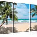 Canvas Wall Art Summer Ocean Waves Coconut Trees on Sands Tropical Beach Seascape Painting Sea Nature Pictures for Living Room Home Office Wall Decor Artwork Framed Ready to Hang 12x16inch set of 3
