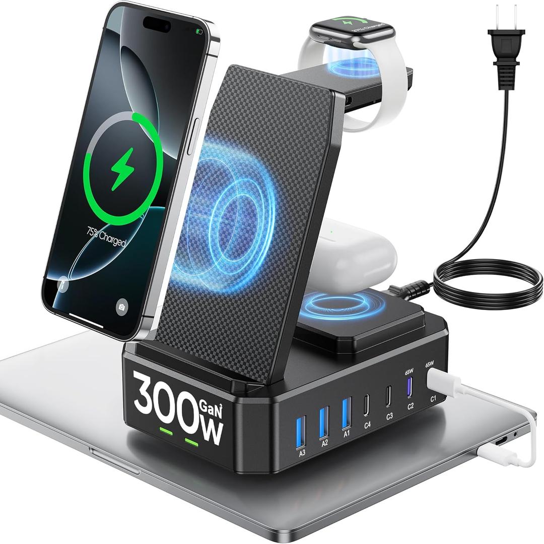 300W Charging Station for Multiple Devices Apple,10 in 1 Wireless Charger for iPhone,GaN III USB C 65W PD Fast Charging Stand Dock for MacBook,iWatch&Airpods (Wireless Charging Only for Apple) Black