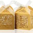 COTOPHER 100Pcs Laser Cut Favor Boxes, 2x2x2.75in Small Gift Boxes for Presents, Party Wedding Favors Boxes with Ribbon, Mini Candy Boxes for Event Bridal Shower Anniversary Birthday Christmas, Gold
