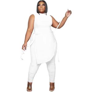Women Plus Size 2 Piece Outfits Jumpsuit Camouflage Print Sleeveless Slit Tunic Tops Pant Set (XX-Large, Off-white)